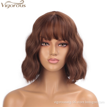 Vigorous Synthetic Brown Highlights Wigs with Hair Bangs Short Wavy Curly Wig for Women Heat Resistant Wig for Daily Wear